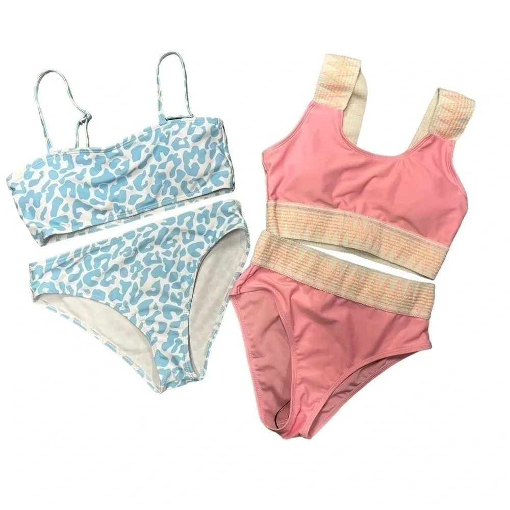 (LOT OF 2)‎ SHEIN Tween Girl Bikini Swimwear Sz 12-13Y Blue Leopard Pink Chevron